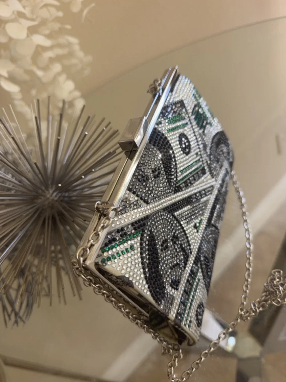 Crystal Money Print Evening Clutch - Silver & Green